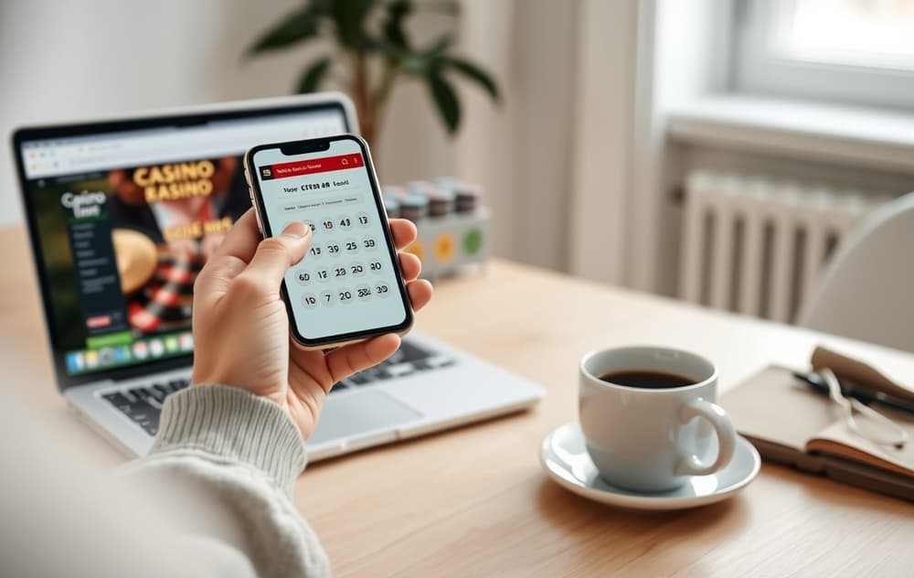 Person med mobil og laptop med lotto-app og casino-nettside synlig, kaffekopp på bordet.