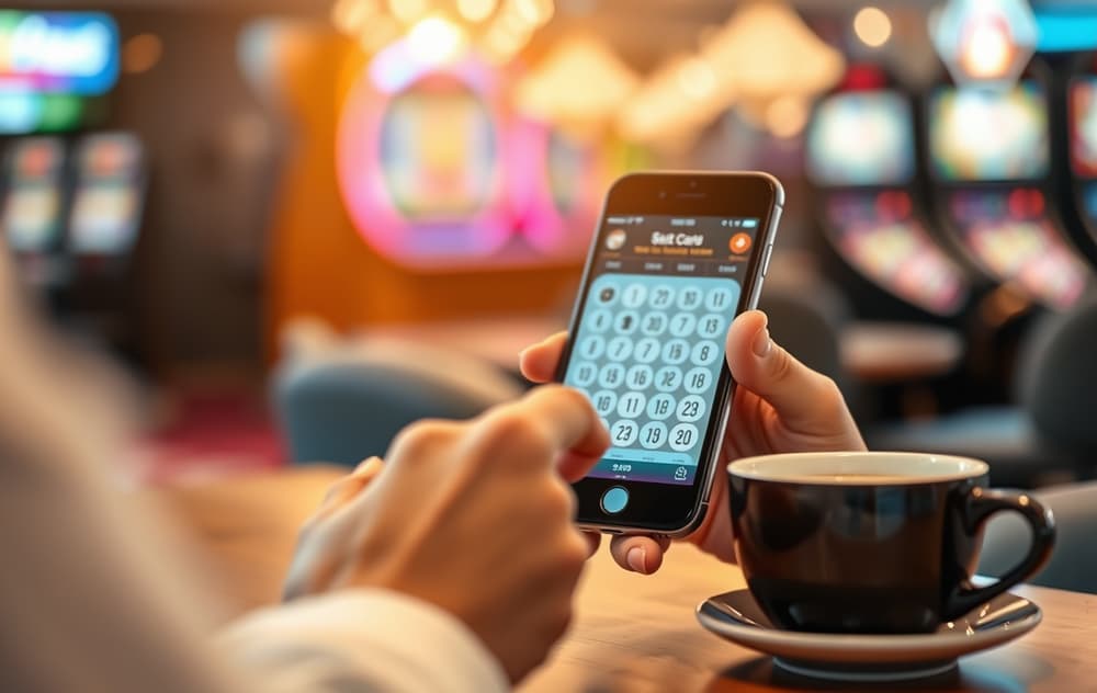 En person skraper et digitalt skrapelodd på en mobiltelefon med en kopp kaffe ved siden av.